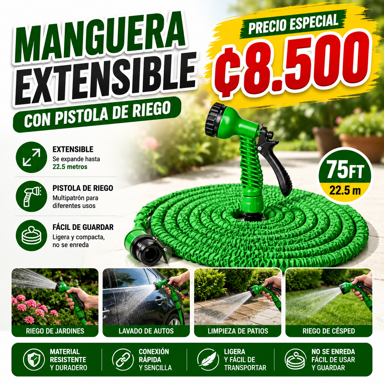 🐾 MANGUERA EXTENSIBLE CON PISTOLA DE RIEGO 🌿💦