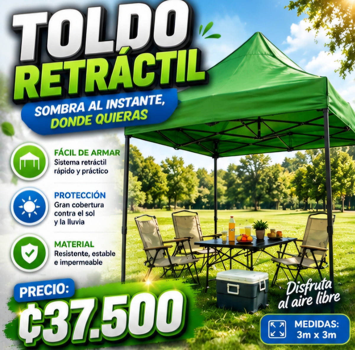⛺🌿 TOLDO RETRÁCTIL 3x3 METROS