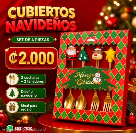 🎄✨ CUBIERTOS NAVIDEÑOS — SET DE 4 PIEZAS ✨🎄