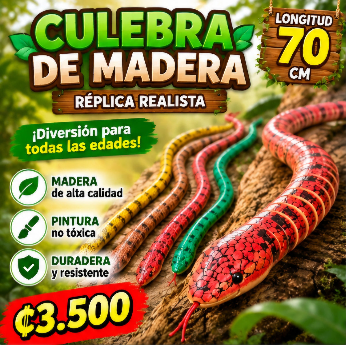 🐍 CULEBRA DE MADERA 70 CM 🐍