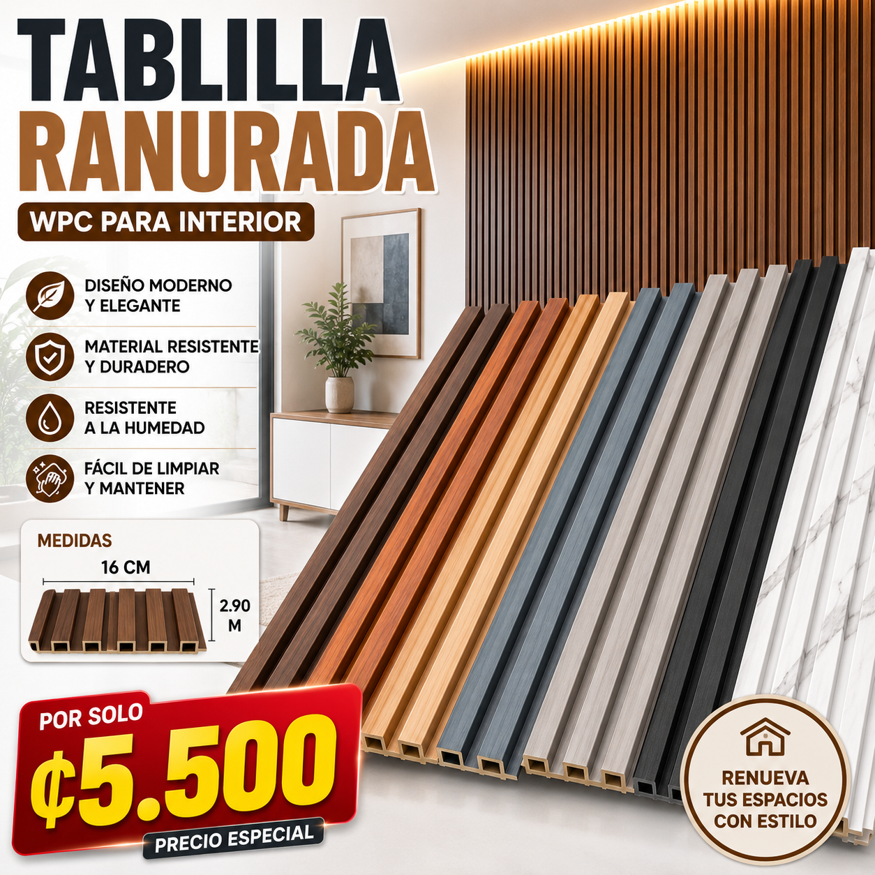 🔥 Tablilla Ranurada WPC para Interior