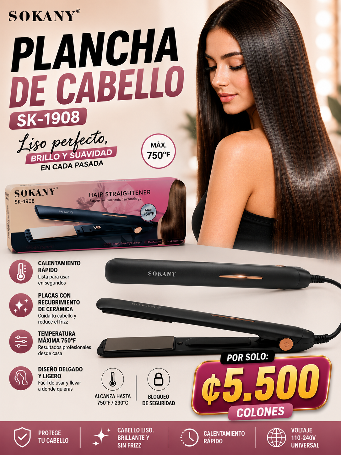 💇‍♀️ Plancha de Cabello Sokany SK-1908