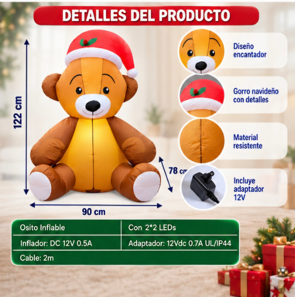 🎄🐻 OSITO INFLABLE NAVIDEÑO CON LUCES LED ✨