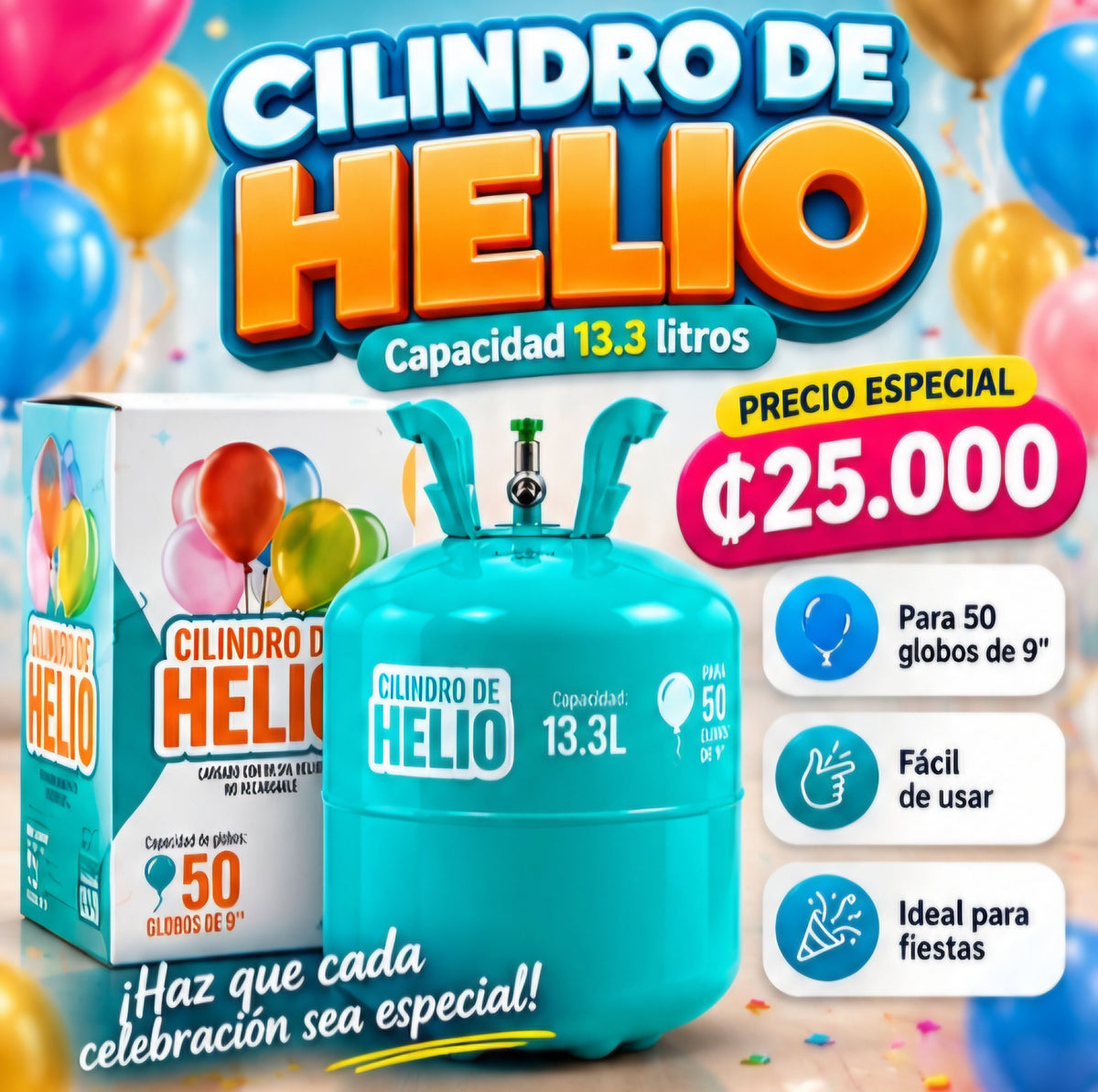 🎈✨ CILINDRO DE HELIO 13.3 LITROS 50 globos