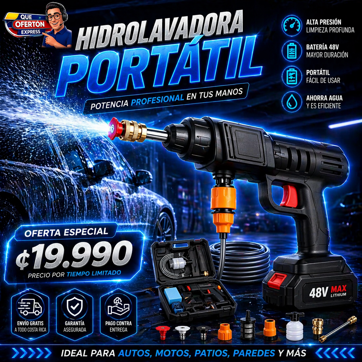 PISTOLA HIDROLAVADORA DE ALTA PRESIÓN PORTÁTIL 48V