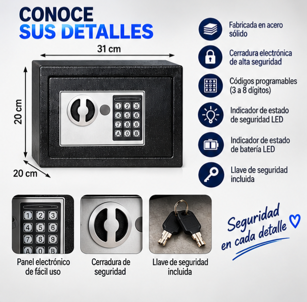 🔐 CAJA FUERTE ELECTRÓNICA DIGITAL 31×20×20 CM | CON LLAVE DE SEGURIDAD