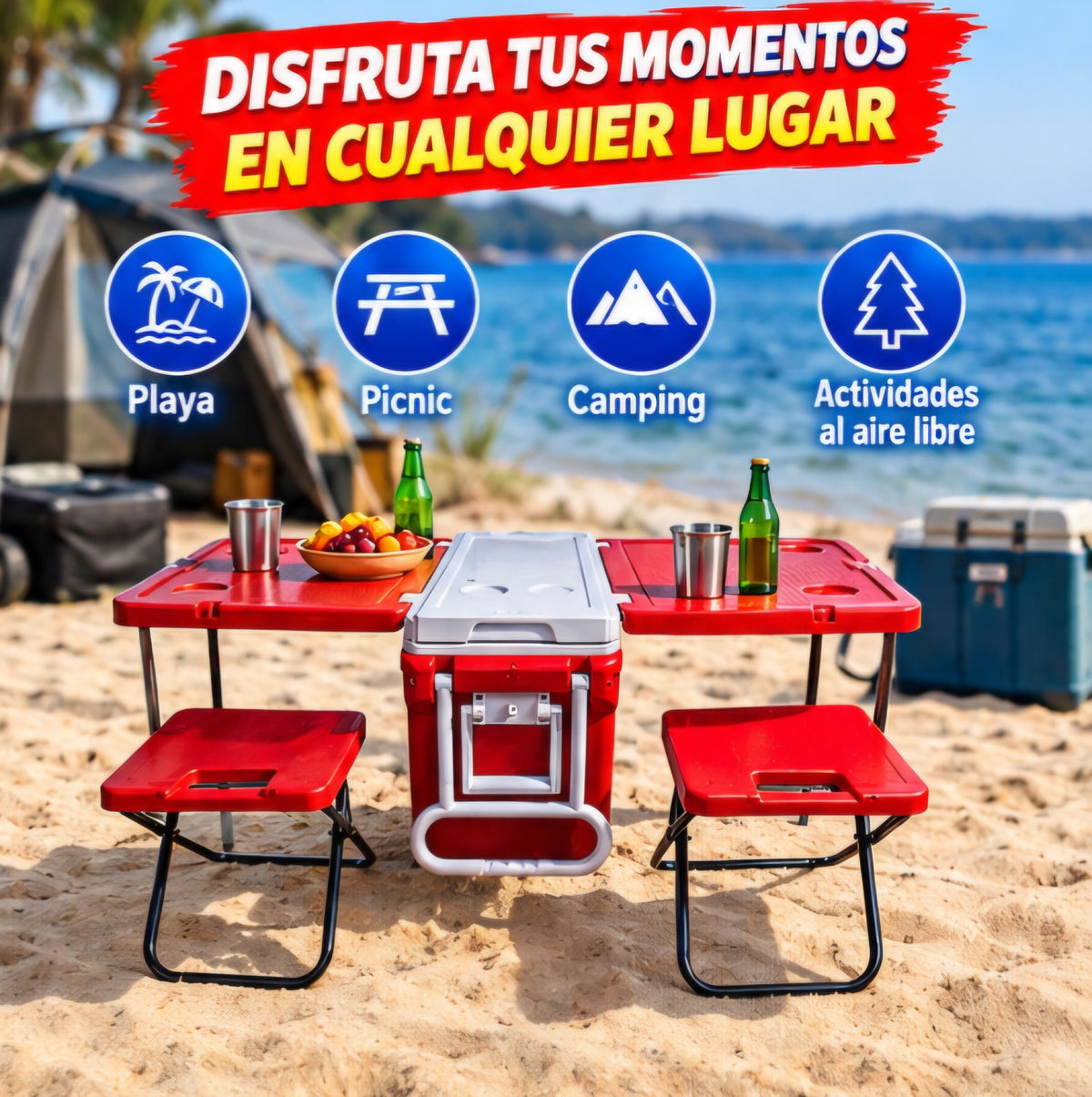 🧊 Hielera con Mesa y 4 Sillas Plegables – Set 4 Piezas
