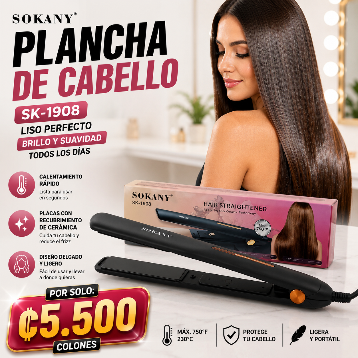 💇‍♀️ Plancha de Cabello Sokany SK-1908