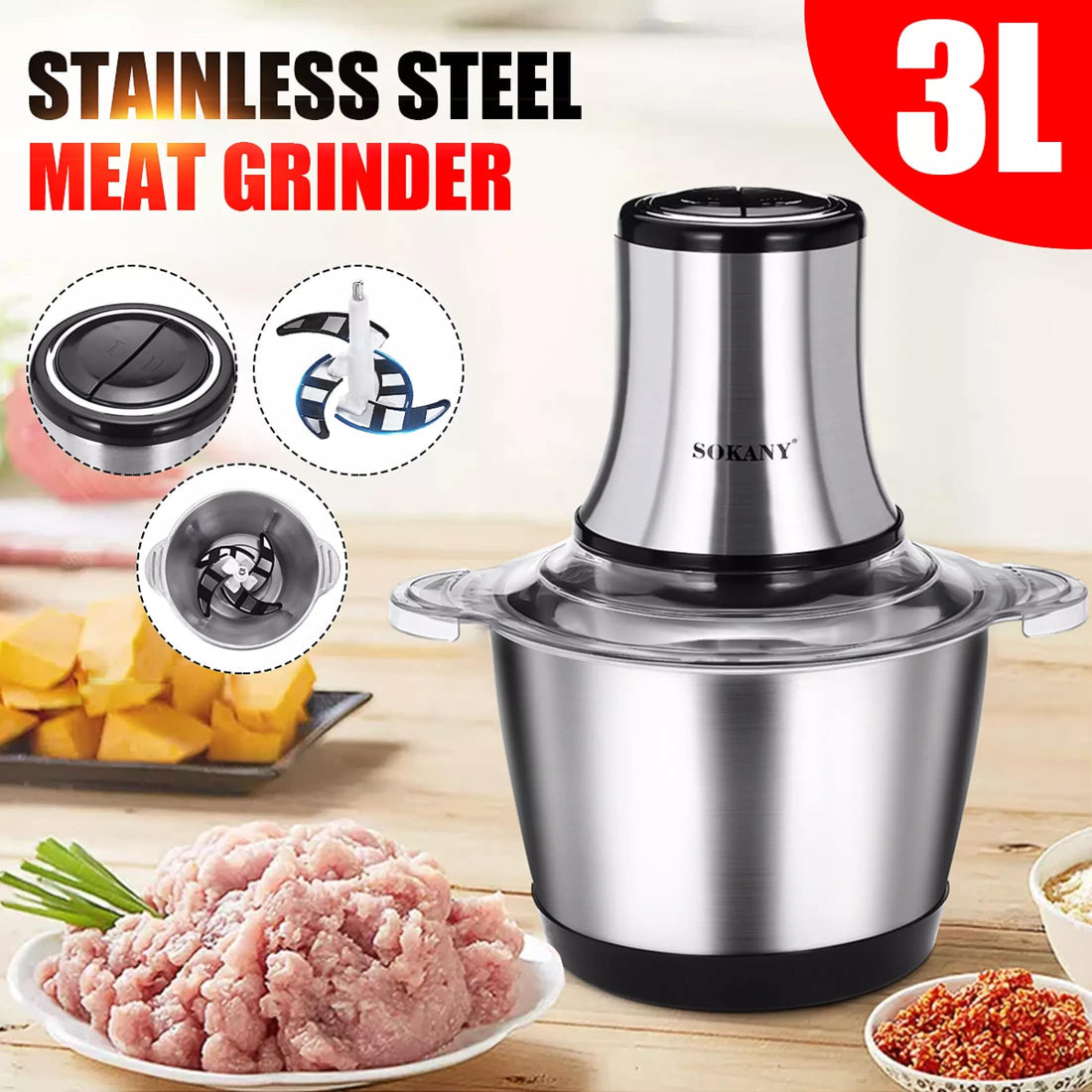 Picadora de carne eléctrica multifuncional de acero inoxidable 3L