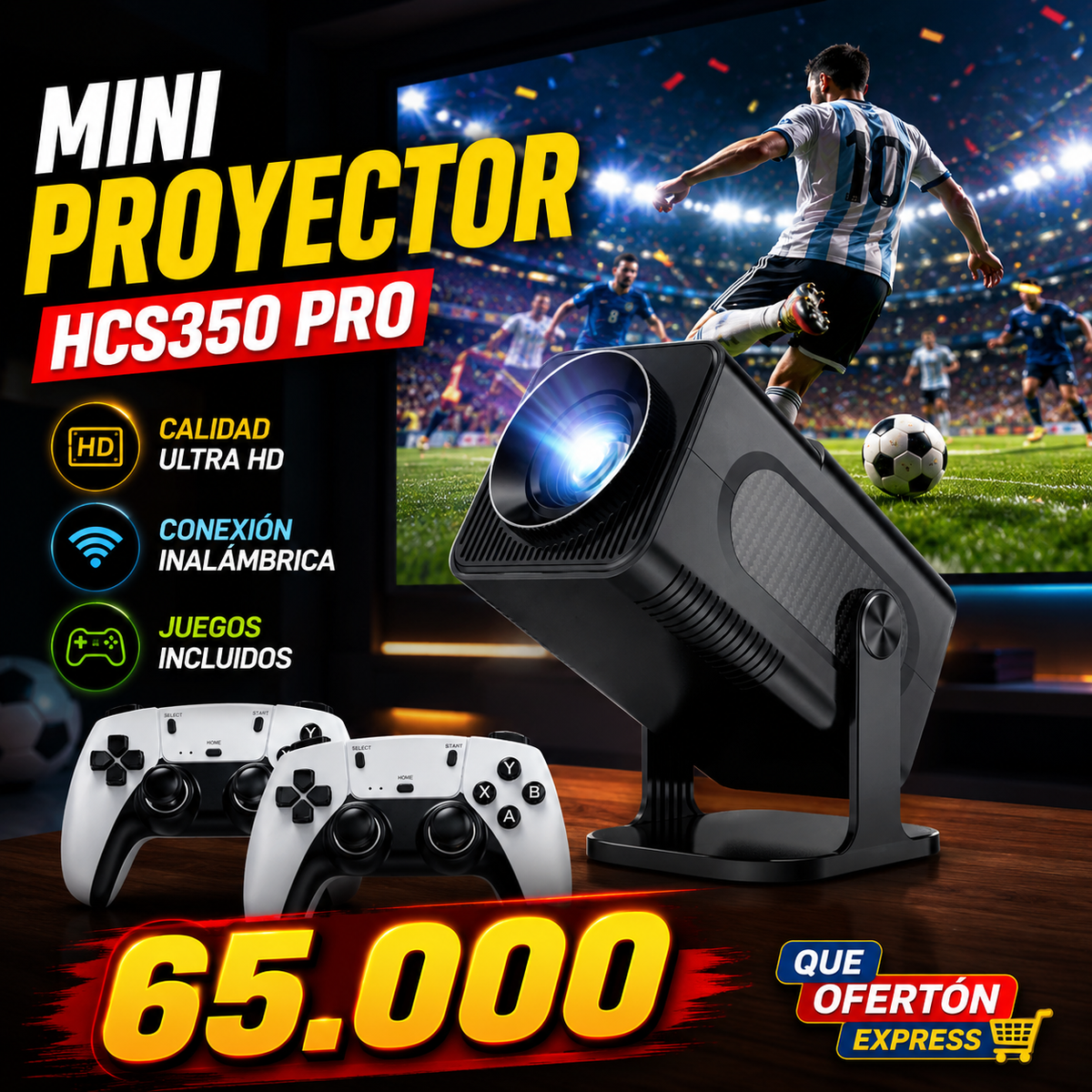 Proyector HCS350 Pro, con controles y juegos, WIFI portátil inteligente proyector, compatible con GB PS1 PSP NES SFC juegos