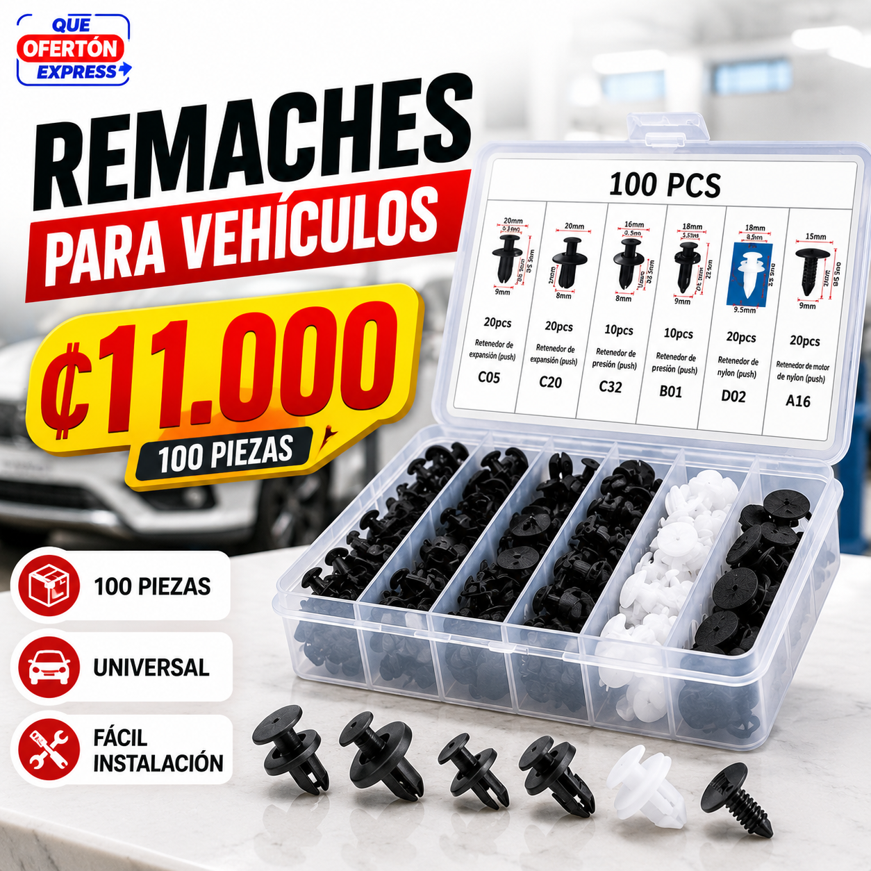 CAJA 100 REMACHES MULTIFUNCIONALES PARA VEHICULOS