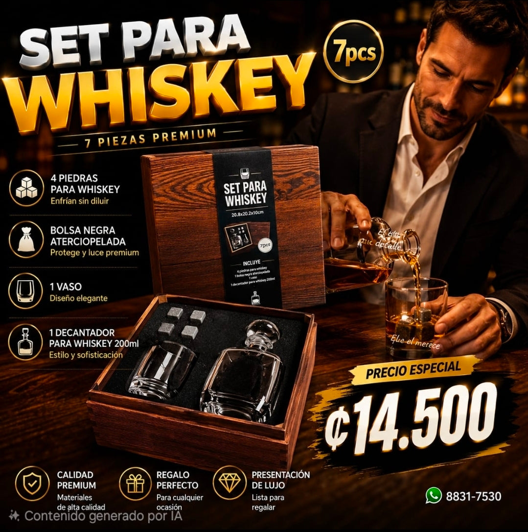 🥃✨ SET PARA WHISKEY 7 PIEZAS – PRESENTACIÓN DE LUJO ✨🥃