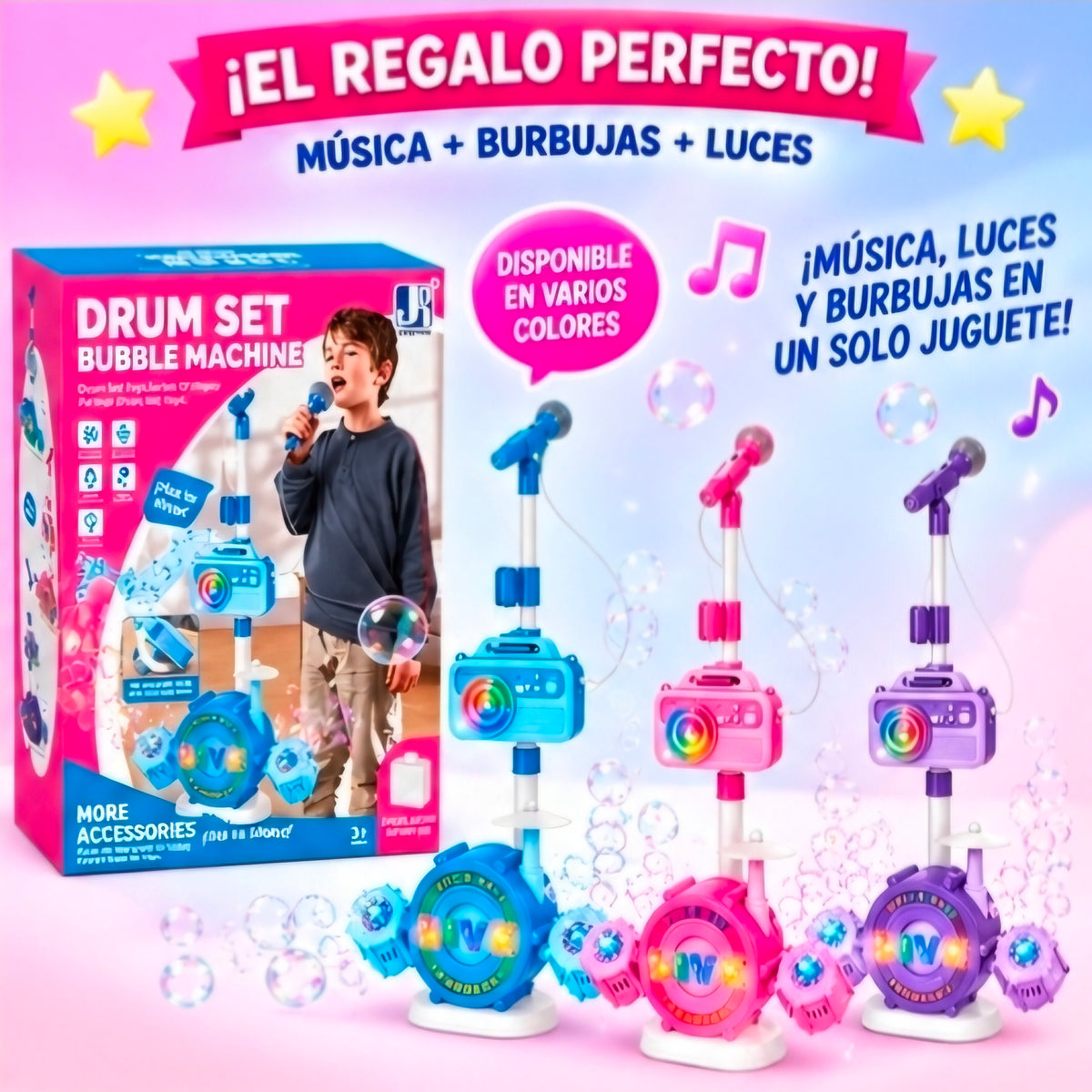 🥁 SET DE BATERÍA INFANTIL CON MÁQUINA DE BURBUJAS 🎤🫧