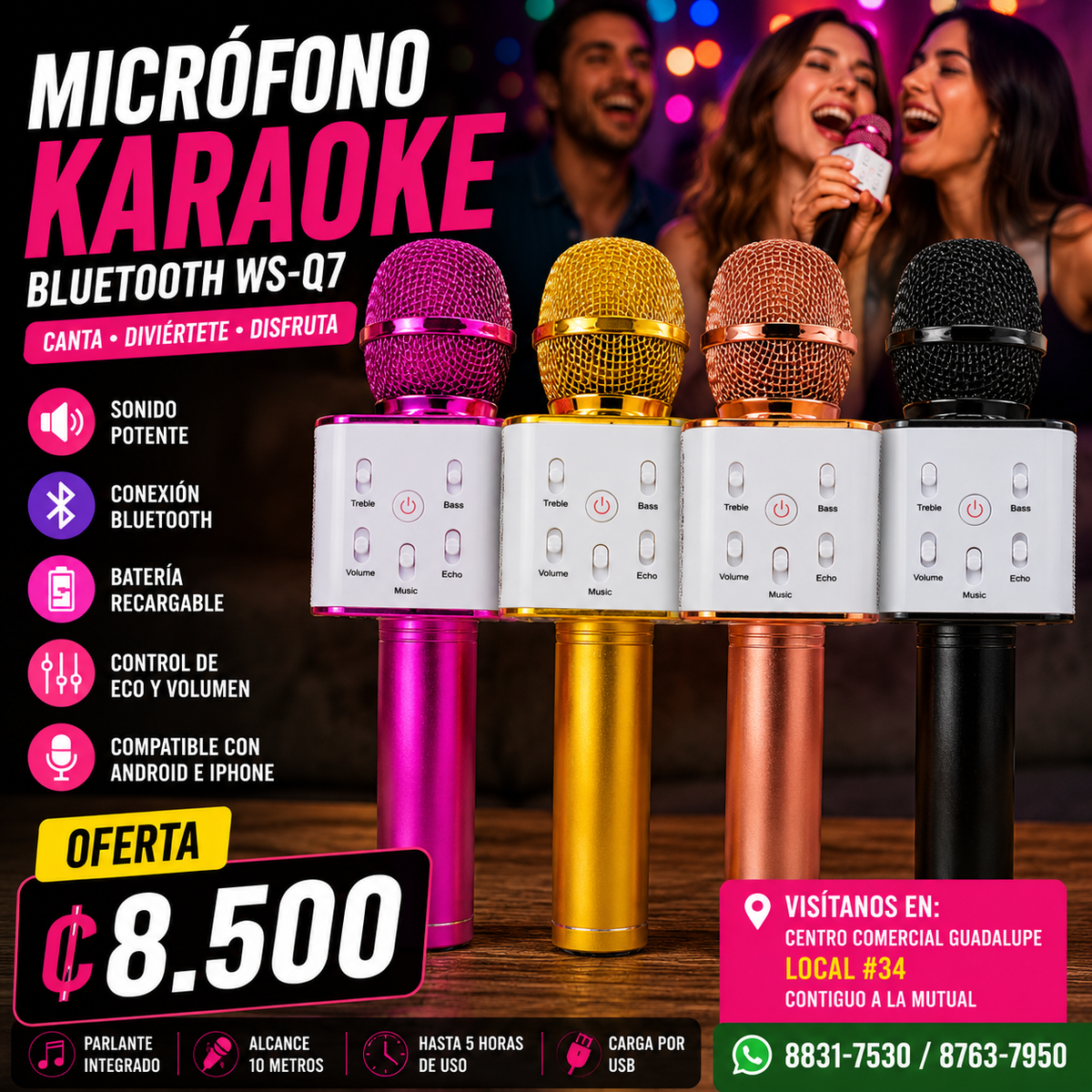 🎤 Micrófono Karaoke Bluetooth WS-Q7 – ¡La diversión comienza aquí! 🎶