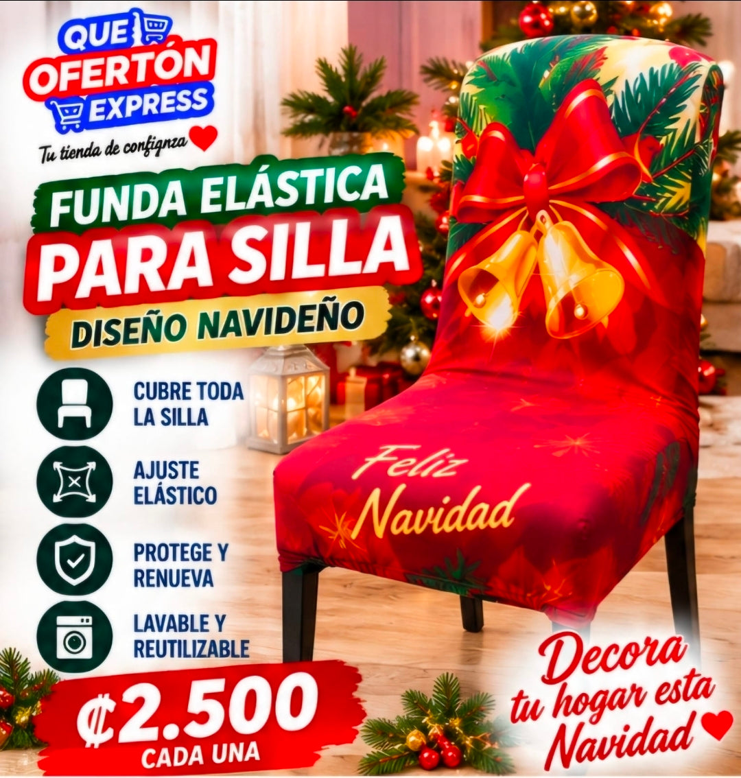 🎄 Funda Elástica Navideña para Silla – Cubre Espaldar y Asiento