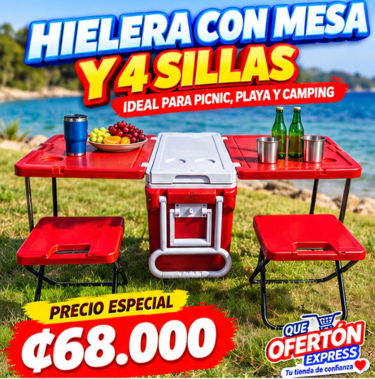 🧊 Hielera con Mesa y 4 Sillas Plegables – Set 4 Piezas