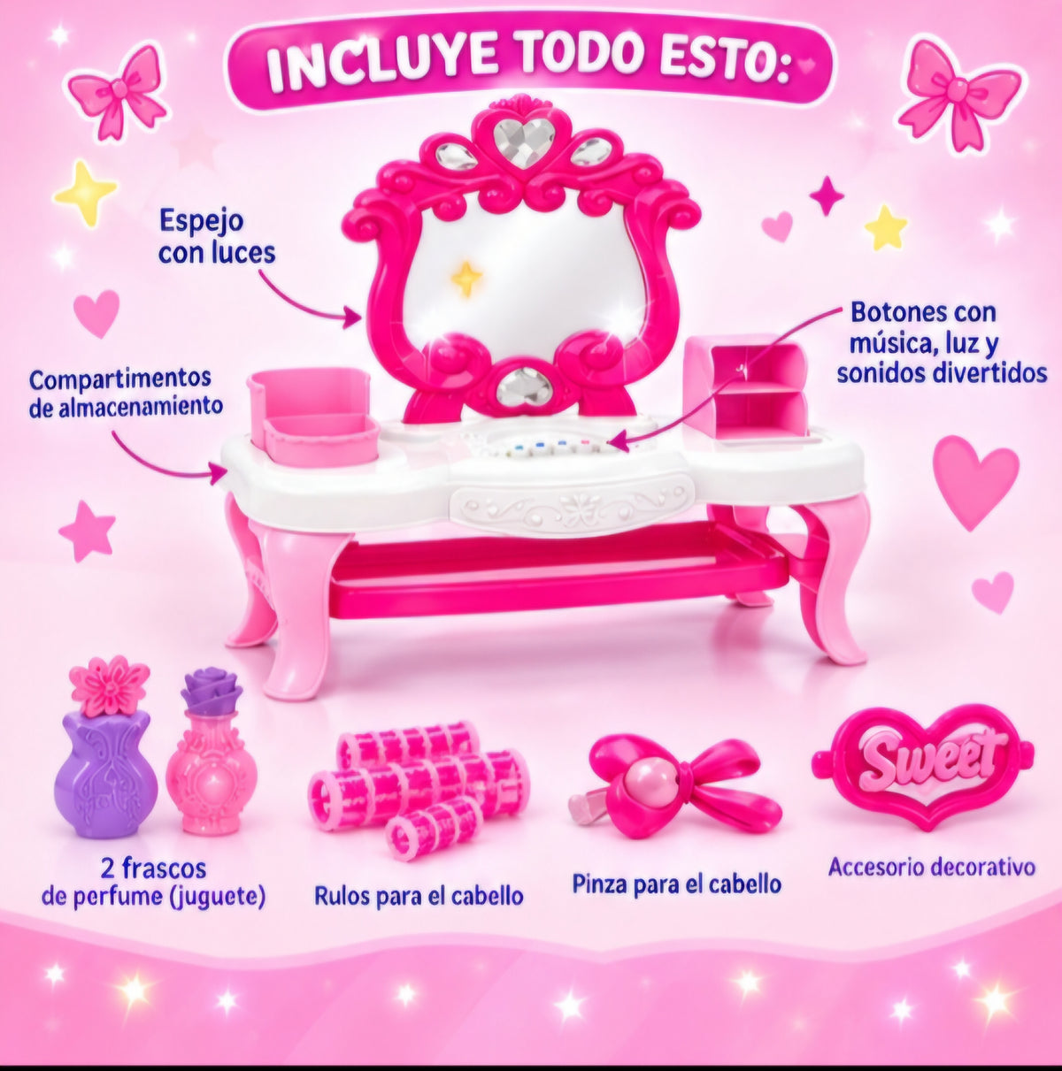 💄✨ TOCADOR DE MAQUILLAJE INFANTIL CON LUZ Y MÚSICA 👑
