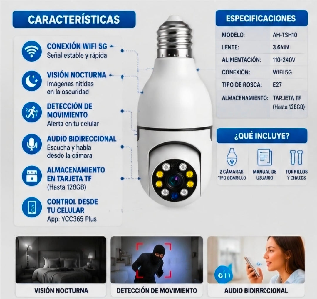 📹💡 CÁMARAS TIPO BOMBILLO WIFI 5G – PROMOCIÓN 2 UNIDADES