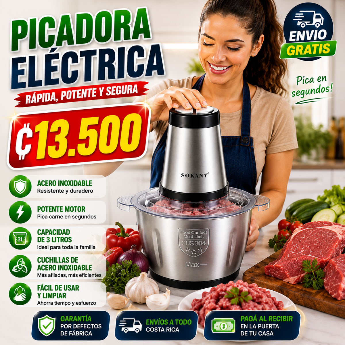 Picadora de carne eléctrica multifuncional de acero inoxidable 3L
