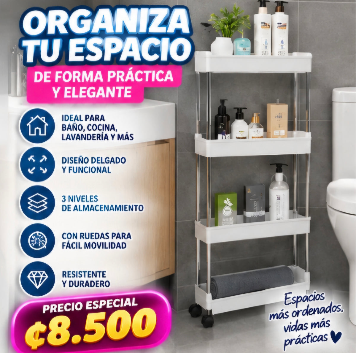 🛒 ORGANIZADOR MULTIUSO DE 3 NIVELES CON RUEDAS
