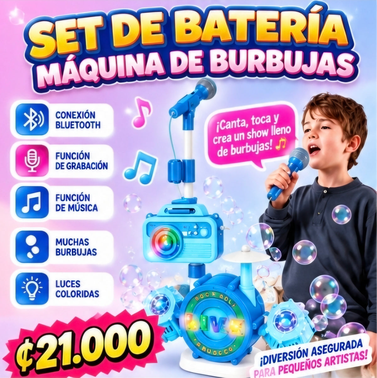 🥁 SET DE BATERÍA INFANTIL CON MÁQUINA DE BURBUJAS 🎤🫧
