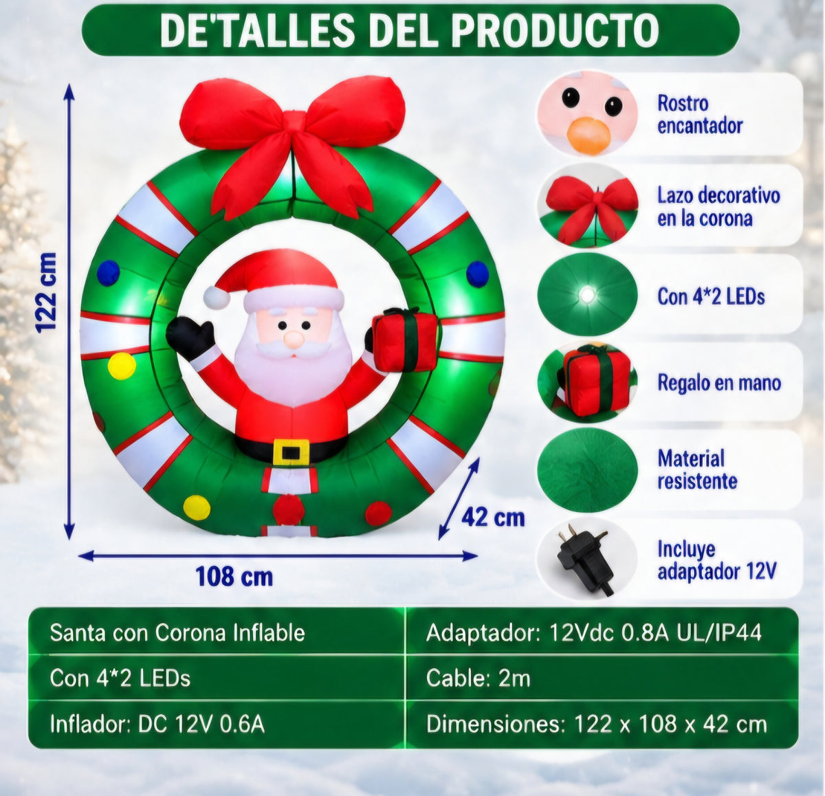 🎄🎅 SANTA CON CORONA INFLABLE NAVIDEÑO 🎅🎄