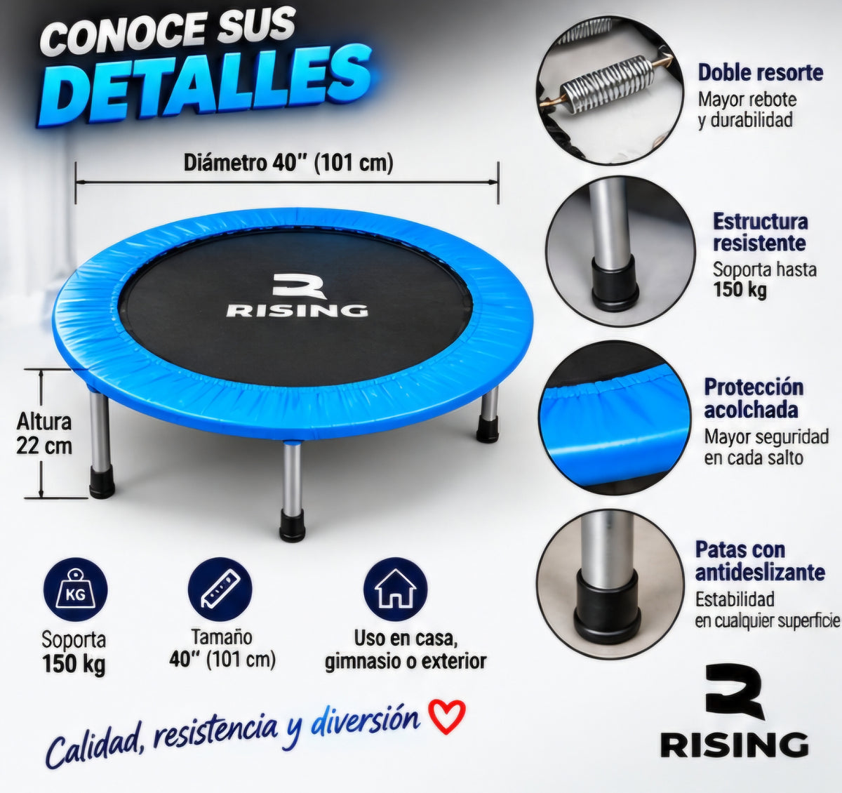 🩵 TRAMPOLÍN FITNESS 40” RISING – DOBLE RESORTE