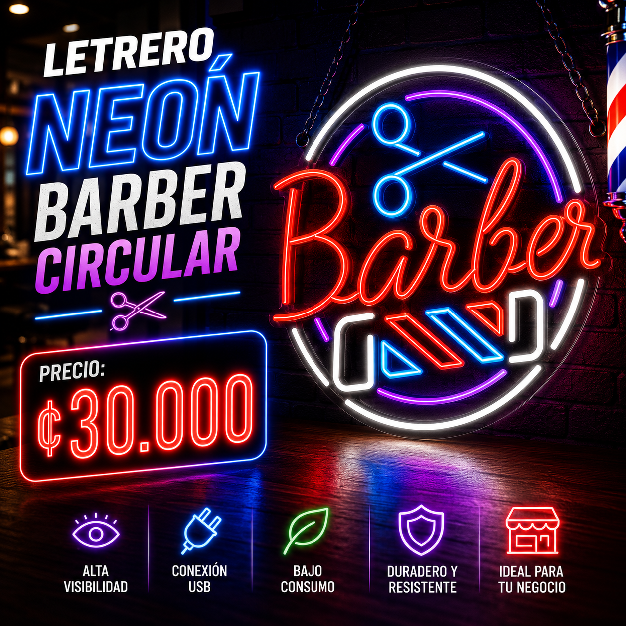 💈 Letrero Neón Barber Circular LED – Decoración para Barberías