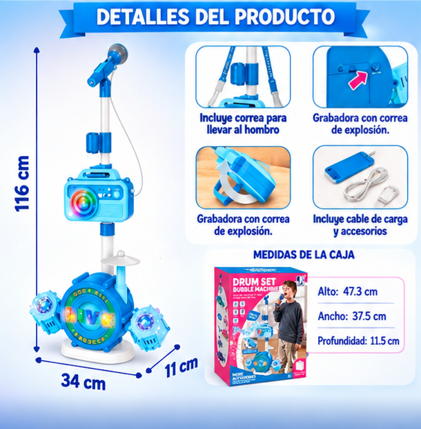🥁 SET DE BATERÍA INFANTIL CON MÁQUINA DE BURBUJAS 🎤🫧