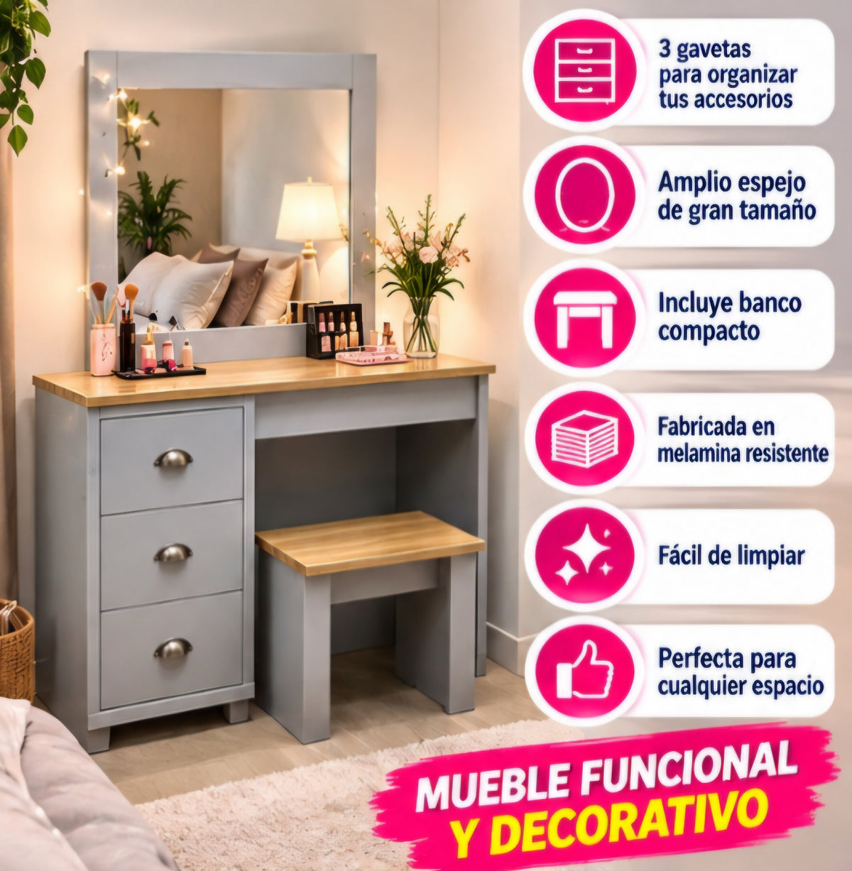 🪞✨ CÓMODA CON ESPEJO Y BANCO