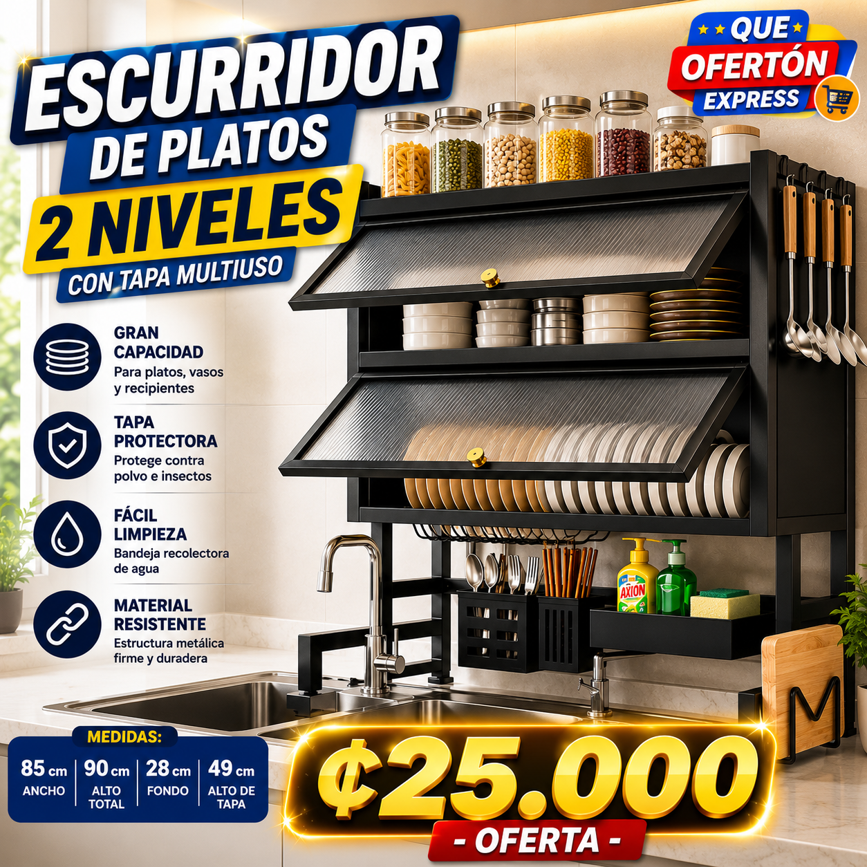 ✨ ESCURRIDOR DE PLATOS DOBLE TAPA 85CM ✨