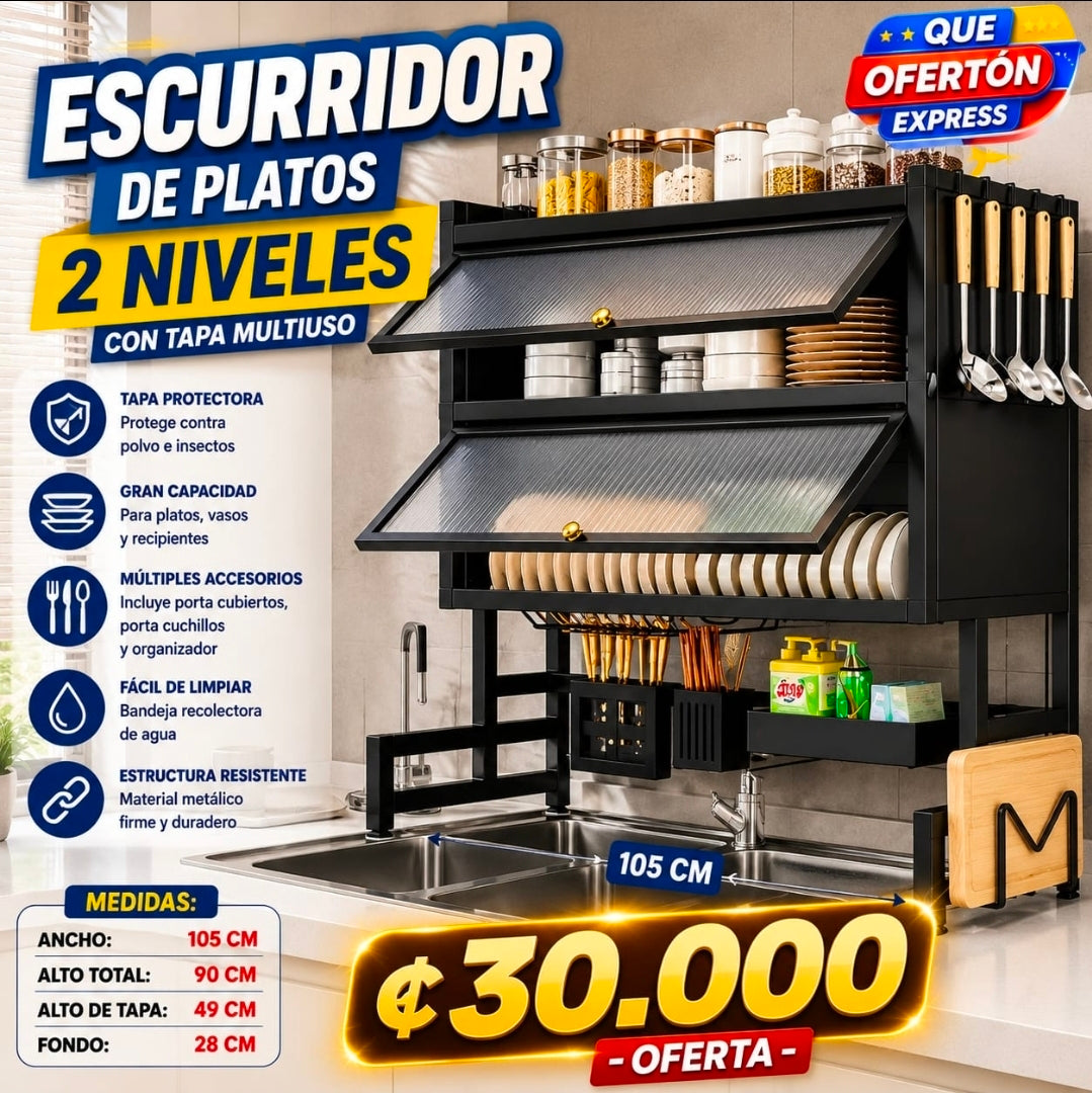 ✨ ESCURRIDOR DE PLATOS 2 NIVELES CON TAPA MULTIUSO – 105 CM ✨