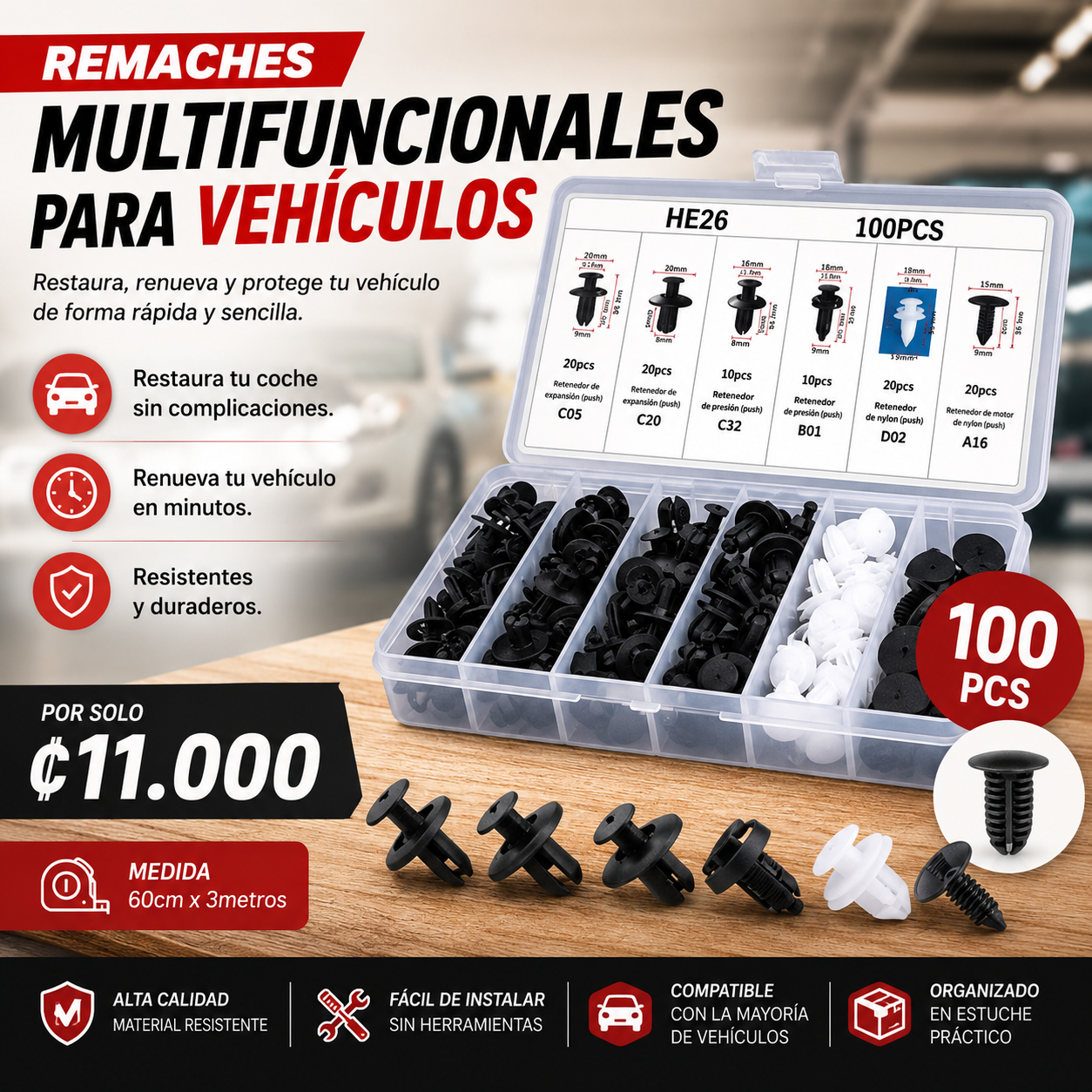 CAJA 100 REMACHES MULTIFUNCIONALES PARA VEHICULOS