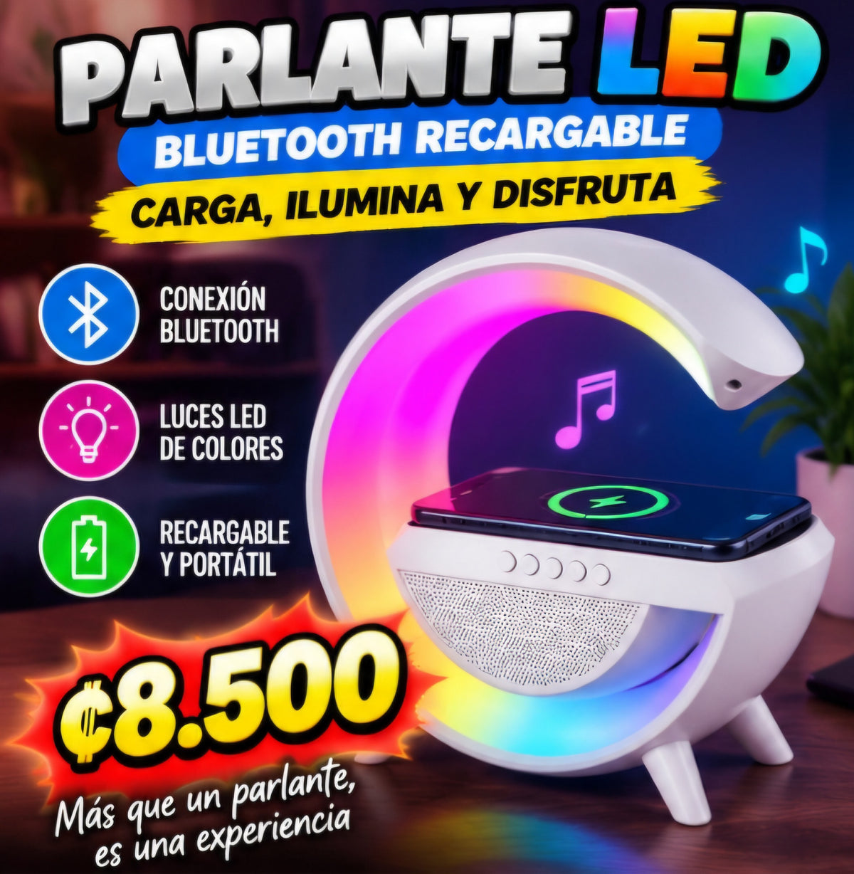 🔊 PARLANTE LED BLUETOOTH CON CARGA INALÁMBRICA ✨