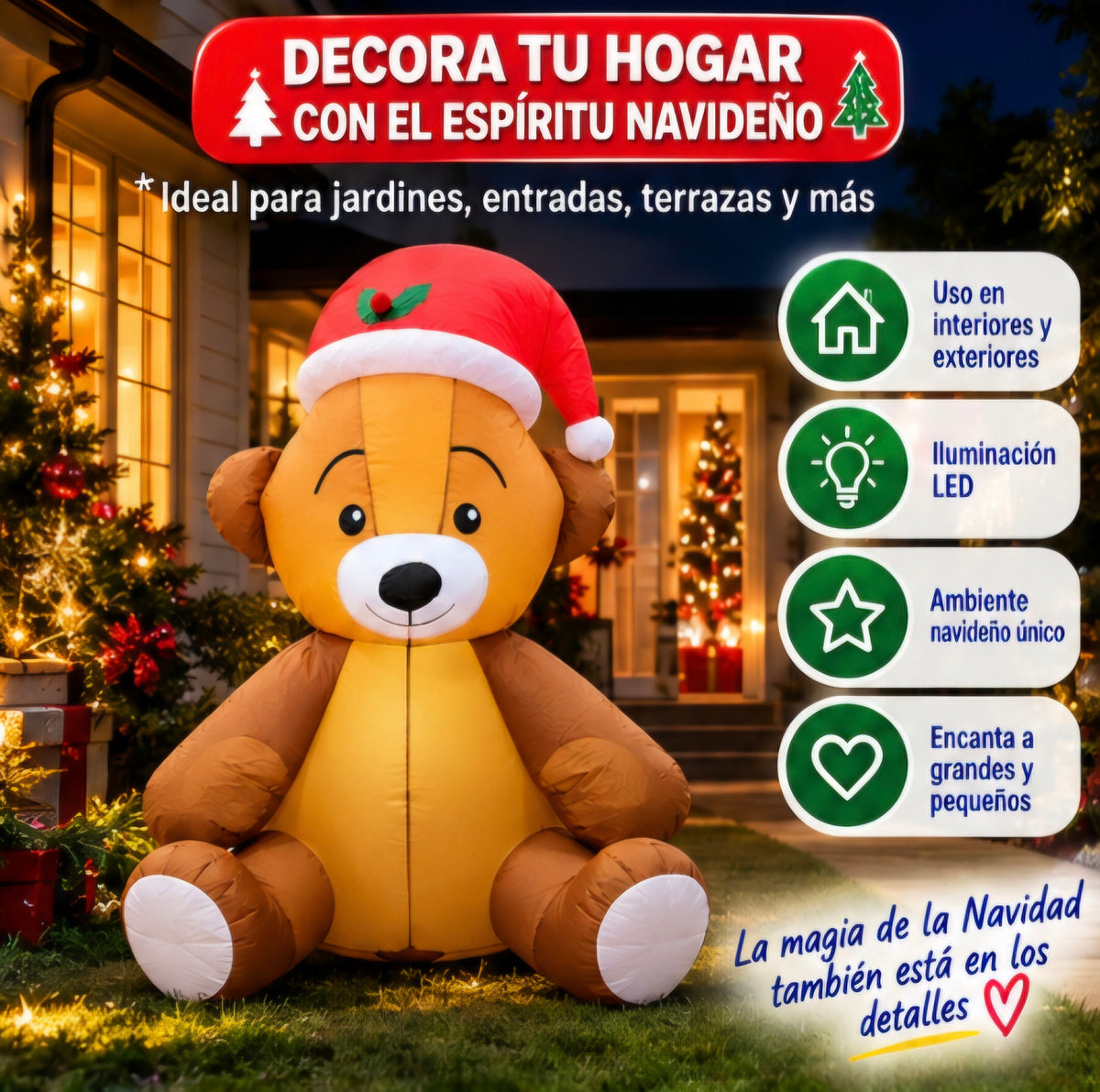 🎄🐻 OSITO INFLABLE NAVIDEÑO CON LUCES LED ✨