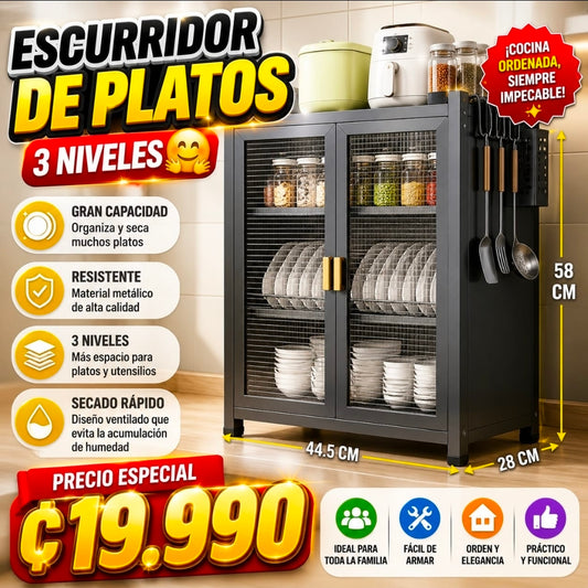🏠✨ Escurridor de Platos Metálico 3 Niveles con Puertas ✨🏠