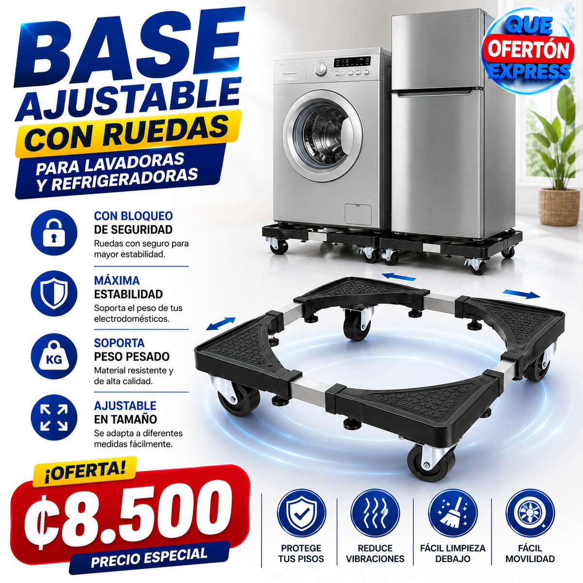💪 Base rodines ajustable con ruedas 360° súper resistente