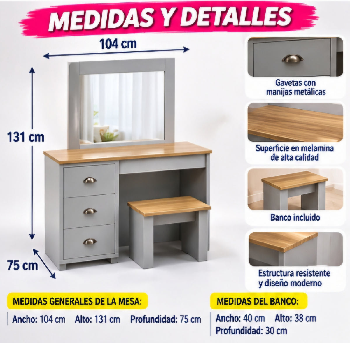 🪞✨ CÓMODA CON ESPEJO Y BANCO